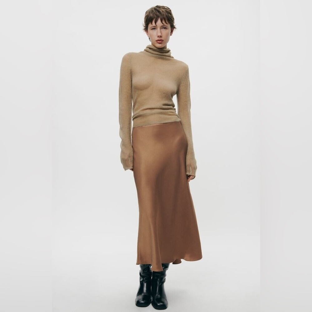 Zara MIDI straight satin skirt in brown